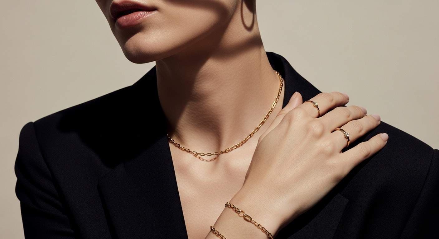 Lavoggue — gold chain necklace, rings and bracelet on elegant model